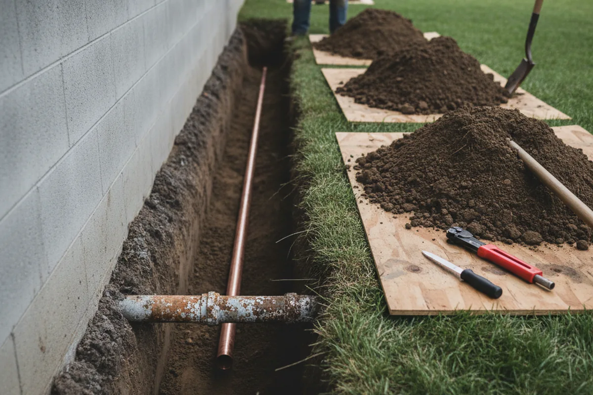 Excavated water line trench during Water Heater Repair in Derry